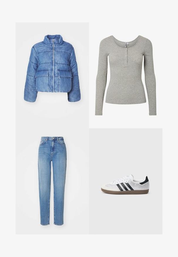 Veste rembourrée en denim bleu, raccourcie, avec un col montant, une fermeture éclair à l'avant, deux grandes poches à rabat et des coutures décoratives partout.; Haut à manches longues gris clair côtelé avec encolure ronde et patte de boutonnage à quatre boutons, silhouette ajustée et tissu tricoté doux.; Jean taille haute bleu clair avec une coupe droite. Fabriqué en denim, avec cinq poches et une fermeture à bouton à l'avant. Texture lisse.; Baskets en mesh blanc avec des rayures noires, un embout en daim beige et un accent sur le talon, semelle en caoutchouc texturée, et lacets blancs. Design classique à tige basse.