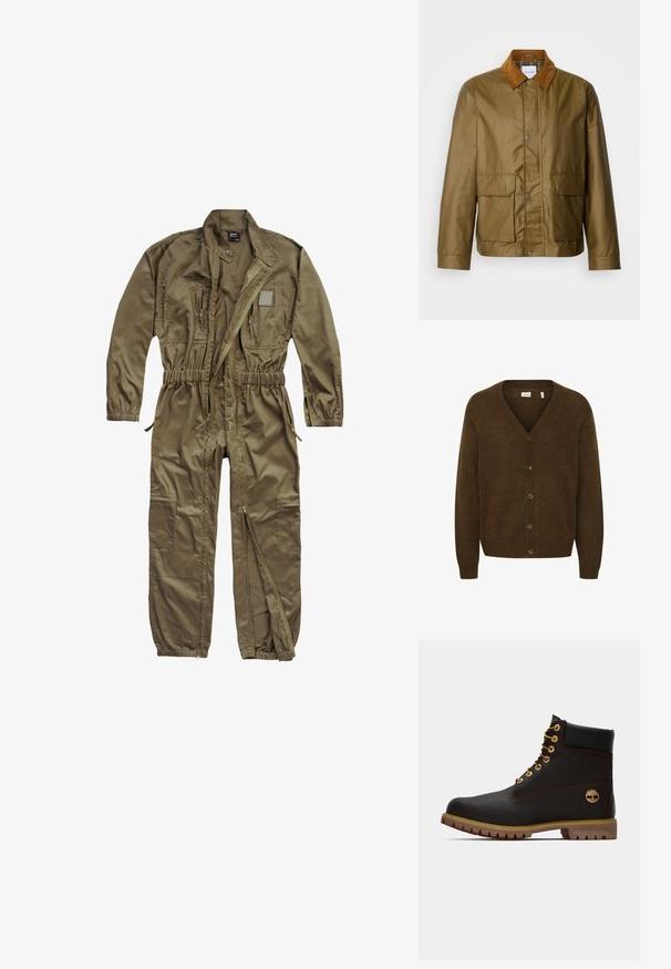 Chaqueta encerada marrón con un collar de pana color beige, que cuenta con dos bolsillos frontales y cierres de presión, fabricada con material resistente al agua.; Mono utility en verde oliva, fabricado con un material duradero, que cuenta con cierre por delante, cinturilla elástica y múltiples bolsillos en el torso y las piernas.; Cardigan de punto marrón con cuello en V, mangas largas y cierre delantero con cinco botones. Tejido texturizado con acentos de canalé.; Bota de cuero negro de tobillo con ojales dorados, acentos marrones y suela de goma. Presenta un cuello acolchado y un logotipo en relieve en el costado.