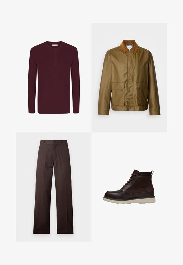 Veste cirée marron avec un col en velours côtelé beige, dotée de deux poches avant et de fermetures à pression, fabriquée à partir d'un matériau résistant à l'eau.; Pull en tricot côtelé bordeaux avec un col henley, featuring une patte de boutonnage à trois boutons et des manches longues, texture douce et poignets ajustés.; Pantalon marron droit avec passants de ceinture et fermeture éclair à l'avant, présenté sur un fond clair uni.; Bottine en cuir marron foncé avec lacets à l’avant, semelle épaisse beige clair et languette à l’arrière, présentée sur fond blanc.