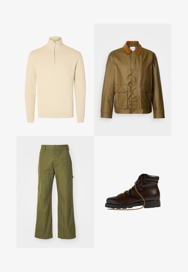 Veste cirée marron avec un col en velours côtelé beige, dotée de deux poches avant et de fermetures à pression, fabriquée à partir d'un matériau résistant à l'eau.; Pull beige en maille avec un col montant côtelé et une courte fermeture éclair à l'avant, avec des manches longues et des poignets et un bas côtelés.; Pantalons larges vert olive en tissu durable, dotés d'une fermeture à bouton, de poches latérales et d'un design à ourlet droit.; Bottine de randonnée en cuir marron avec un bout arrondi, surface texturée, lacets jaunes et œillets en métal. Dotée d'une semelle en caoutchouc noir robuste.