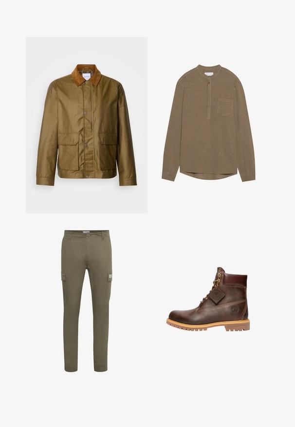 Veste cirée marron avec un col en velours côtelé beige, dotée de deux poches avant et de fermetures à pression, fabriquée à partir d'un matériau résistant à l'eau.; Chemise à manches longues à boutons en tissu texturé brun. Dispose d'un col rond, d'une poche avant et d'un ourlet droit. Boutons au centre devant.; Pantalons cargo couleur olive en tissu léger, avec une coupe droite, des poches latérales et des poignets élastiques à la cheville.; Bottine en cuir marron avec un bout rond, une semelle robuste, des éléments en doré et un dessus texturé. Comprend une étiquette de logo attachée.