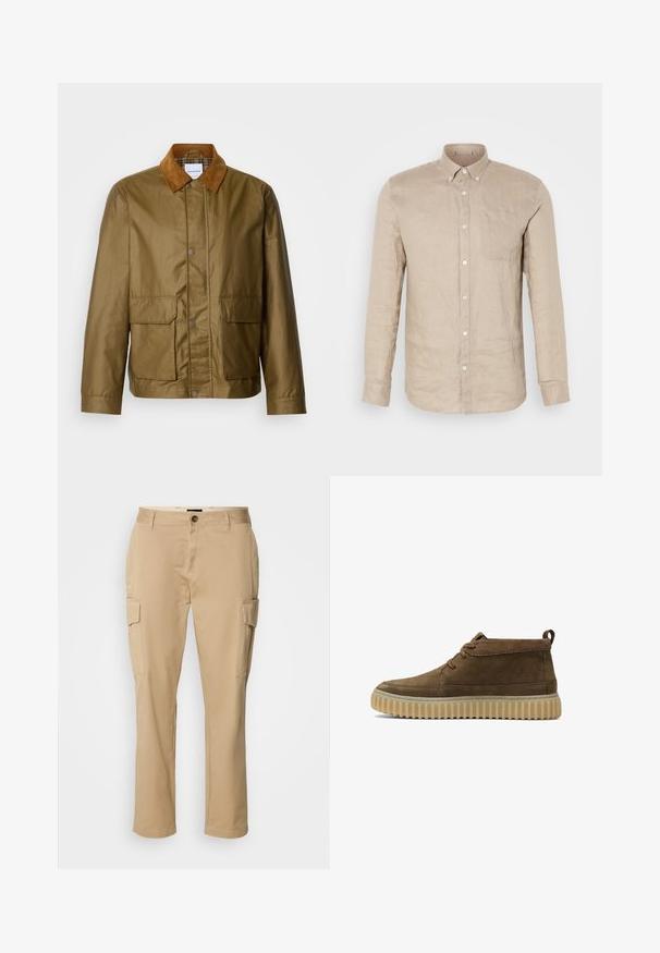 Chaqueta encerada marrón con un collar de pana color beige, que cuenta con dos bolsillos frontales y cierres de presión, fabricada con material resistente al agua.; Camisa de lino beige de botones con mangas largas, bolsillo en el pecho y botones blancos. Textura suave, corte relajado y cuello puntiagudo.; Pantalones cargo beiges de algodón. Con dos bolsillos laterales, cierre de botón y un diseño de pierna recta. Textura suave, estilo casual.; Botines de ante marrón con punta redondeada, costuras mínimas y suela de goma gruesa y texturizada. Presenta un diseño de cordones y una pestaña en el talón.