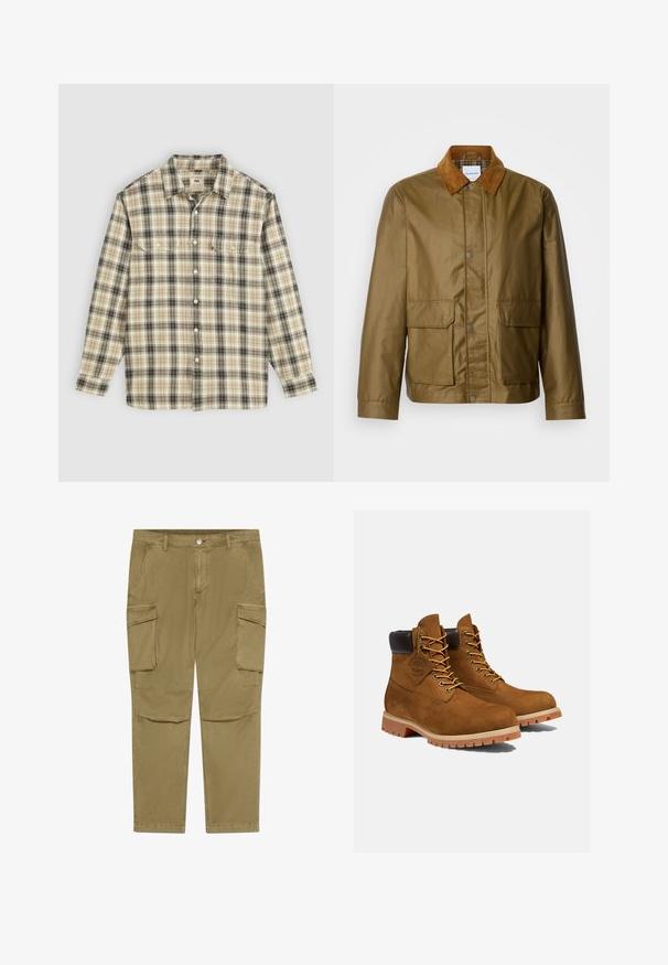 Brun voksbehandlet jakke med en tan kordfløjpant, der har to frontlommer og trykknaplukninger, fremstillet af vandafvisende materiale.; Langærmet ternet skjorte i beige, sort og brun stof, med knaplukning, to brystlommer og klassisk krave-design.; Khaki cargobukser med knap- og lynlåslukning, der har sidelommer med klap og skrå forlommer.; Brune ruskinds ankelstøvler med en polstret sort krave, gyldne snørehuller og en tyk gummisål med en mønster, der giver godt greb.