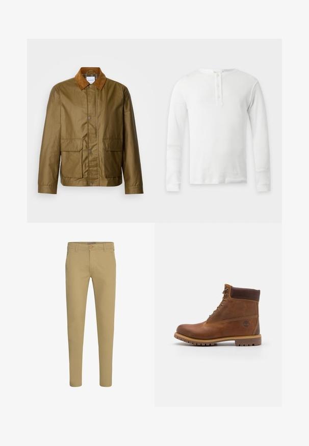 Bruine gewaxte jas met een tan corduroy kraag, voorzien van twee voorzakken en drukknoopsluitingen, gemaakt van waterafstotend materiaal.; Wit thermal shirt met lange mouwen, ronde hals en drieknopenbies, plat weergegeven op een lichte achtergrond.; Beige slim-fit chinos met knoop- en ritssluiting, schuine voorzakken en riemlussen, afgebeeld op een witte achtergrond.; Bruine leren wandelschoen met een gladde afwerking, gevoerde enkel, metalen oogjes en een rubberen zool met een robuust profiel.