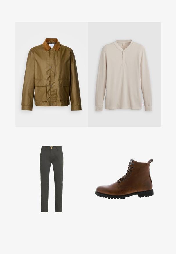 Chaqueta encerada marrón con un collar de pana color beige, que cuenta con dos bolsillos frontales y cierres de presión, fabricada con material resistente al agua.; Camisa tipo henley de manga larga en tejido acanalado color beige claro, con escote en V,tapeta de tres botones, y mangas con puños. Etiqueta de logo roja en el dobladillo.; Chinos de corte slim en gris oscuro, elaborados con una mezcla de algodón. Cuentan con un cierre de un solo botón y pasadores para cinturón. Textura suave con un detalle mínimo.; Botas de cuero marrón hasta el tobillo con acabado texturizado, ojales de metal y suela de goma negra con protuberancias. Presenta una lengüeta en la parte posterior para facilitar su uso.