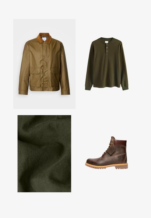 Braune gewachste Jacke mit einem Kragen aus beigem Cord, ausgestattet mit zwei Fronttaschen und Druckknopfverschlüssen, gefertigt aus wasserabweisendem Material.; Langärmliges olivgrünes Waffelstrick-Henley-Shirt mit gerippten Bündchen und drei Knöpfen am Kragen.; Nahaufnahme eines dunkelgrünen Stoffes mit sichtbarer Webstruktur und weichen Falten, die Schatten und Lichtakzente erzeugen.; Braune Leder-Ankelstiefel mit runder Zehenpartie, robuster Sohle, goldfarbener Hardware und strukturiertem Obermaterial. Enthält ein angehängtes Logo-Tag.
