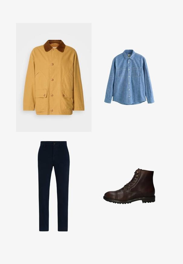 Keltainen puuvill jacket, jossa on ruskea samettikaulus, suuret sivutaskut ja nappikiinnitys edessä.; Pitkähihainen sininen chambray-paita, jossa napillinen etuosa ja kaksi rintataskua, aseteltu tasaisesti valkoiselle taustalle.; Tummansiniset chinot, jotka on valmistettu pehmeästä ja kestävästä kankaasta. Varusteena nappikiinnitys, vyölenkit ja suora lahkeiden muoto. Ei näkyviä kuvioita.; Tummanruskea nahkasaapas, jossa on mustat nauhat ja kova kumipohja, nähtynä ulkopuolelta.