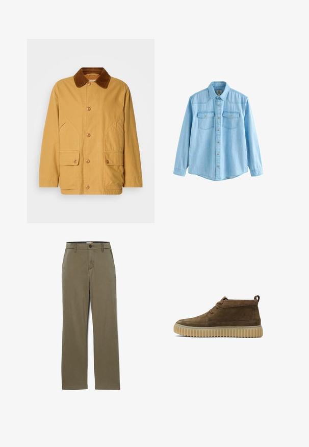 Gul bomuldsjakke med en brun fløjlskrave, store sidelommer og knaplukning foran.; Lyseblå denimskjorte med lange ærmer, knapper foran og to brystlommer med knaplukning.; Oliven grøn bomuldsbukser med lige ben, der har en knaplukning og bæltestropper. Glat tekstur med subtile stingdetaljer.; Brune ruskind ankelstøvler med en rund tå, minimal syning og en tekstureret, kraftig gummisål. Har snørebåndsdesign og hælflig.