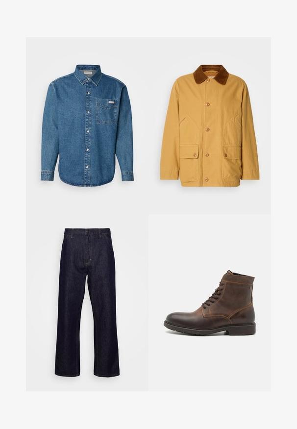 Gul bomuldsjakke med en brun fløjlskrave, store sidelommer og knaplukning foran.; Blå denim langærmet skjorte med button-down krave, brystlomme og kontraststing. Stofstrukturen er glat med en afslappet stil.; Mørkeblå lige ben denim jeans med forlommer, bæltestropper, lynlås og knaplukning, præsenteret foran en simpel hvid baggrund.; Jack & Jones JFWDELANEY BOOT - Snørestøvletter - cognac
