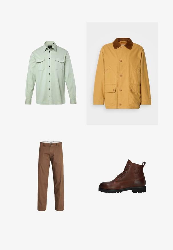 Gul bomuldsjakke med en brun fløjlskrave, store sidelommer og knaplukning foran.; Lys grøn langærmet skjorte med knapfront, to brystlommer og sorte knapper. Fremstillet af tekstureret stof, med foldet krave og manchetter.; Brune straight-leg bukser med knap- og lynlåslukning, bæltestropper og forlommer, vist mod en hvid baggrund.; Brune læder ankelstøvle med en struktureret overflade, seks snørrehuller, en sort gummisål og en løkke for nem påtagning.