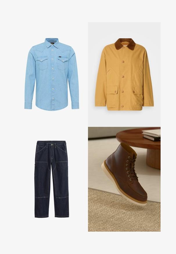 Gul bomuldsjakke med en brun fløjlskrave, store sidelommer og knaplukning foran.; Lyseblå denimskjorte med lange ærmer, knaplukning, to brystlommer med knapper, spids krave og lille Lee-logo på venstre lomme.; Mørkeblå denimbukser med dobbeltsyede sømme, knap foran, bæltestropper og flere forstærkede lappe-lommer på benene.; Brune læderankelstøvle med beige sål på et struktureret beige tæppe ved siden af et rundt træbord med stakke af bøger.