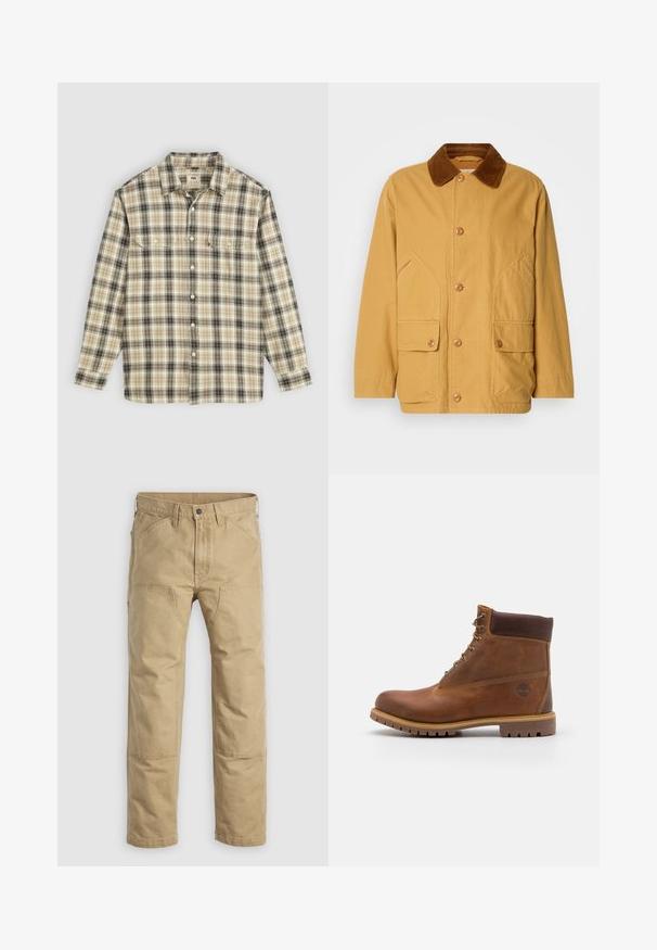 Gul bomuldsjakke med en brun fløjlskrave, store sidelommer og knaplukning foran.; Langærmet ternet skjorte i beige, sort og brun stof, med knaplukning, to brystlommer og klassisk krave-design.; Khaki arbejdsbukser lavet af robust bomuld, med lige ben, forstærkede knæpaneler og flere lommer foran.; Brun læder vandrestøvle med en glat finish, polstret ankel, metalliske snørehuller og en gummisål med et robust dækmønster.