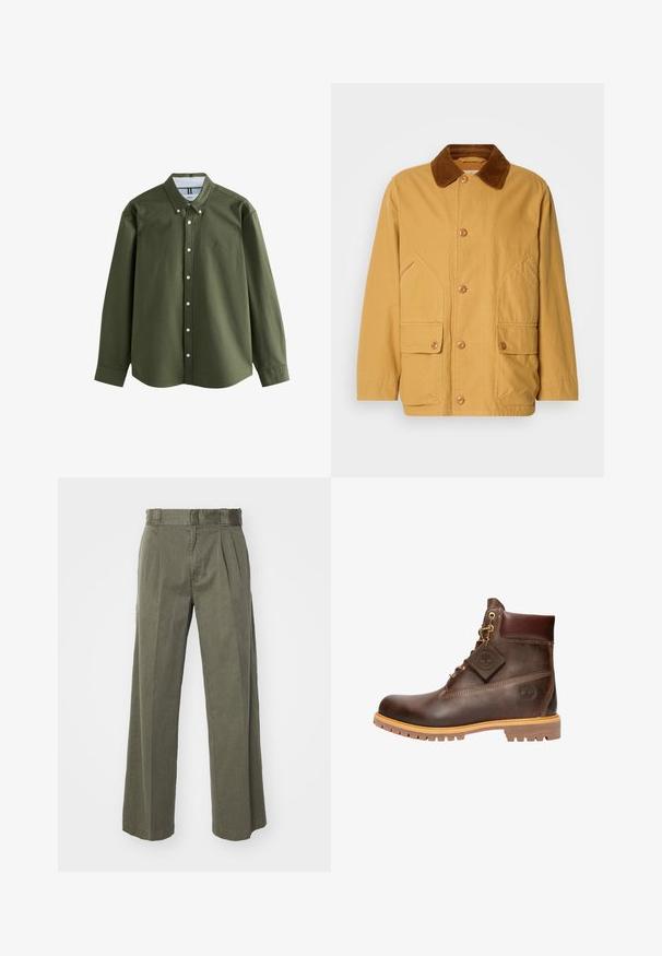 Gul bomuldsjakke med en brun fløjlskrave, store sidelommer og knaplukning foran.; Olivengrøn langærmet skjorte med button-down krave, frontknapper og et lille broderet logo. Blødt stof med struktureret design.; Olivengrønne bukser med en løs, bred ben design og frontfolder. Fremstillet af tekstureret stof med en standard taljebånd og ingen synlige hardware.; Brun læder ankelstøvle med rund tå, solid sål, hardware i guldtone og en tekstureret overdel. Inkluderer et logo-tagfæstet.
