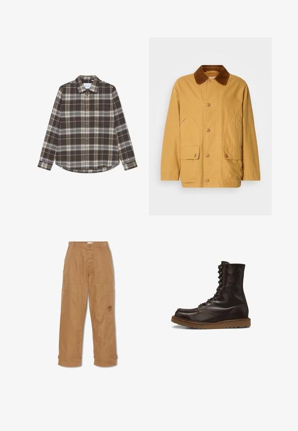 Gul bomuldsjakke med en brun fløjlskrave, store sidelommer og knaplukning foran.; Brunternet button-up skjorte lavet af flannel, med hvide og grå linjer, en spidse krave og en afrundet kant.; Khaki arbejdsbukser, lavet af slidstærkt stof, har flere lommer, knaplukning og broderet logo på låret.; Mørkebrun læder højtopstøvle med snørelukning foran og lys brun gummisål, set fra siden.