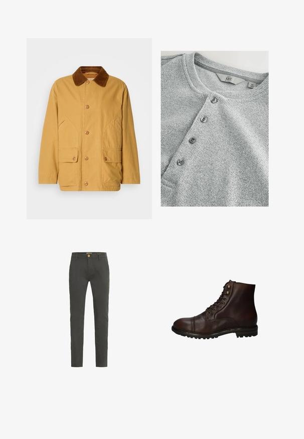 Chaqueta de algodón amarilla con un cuello de pana marrón, grandes bolsillos laterales y cierre de botones en la parte delantera.; Camisa de punto gris de manga larga con cuello redondo, tapeta de cinco botones, textura acanalada y un diseño ajustado. La etiqueta indica talla M.; Chinos de corte slim en gris oscuro, elaborados con una mezcla de algodón. Cuentan con un cierre de un solo botón y pasadores para cinturón. Textura suave con un detalle mínimo.; Bota de tobillo de cuero marrón oscuro con cordones, suela de goma resistente y ojales de metal, vista desde el lado exterior.