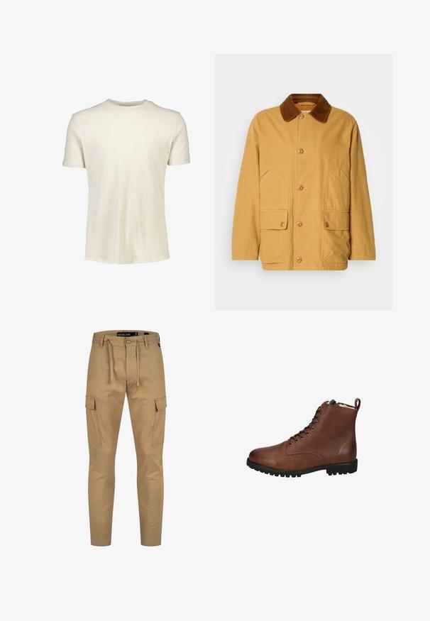 Chaqueta de algodón amarilla con un cuello de pana marrón, grandes bolsillos laterales y cierre de botones en la parte delantera.; Camiseta de manga corta en beige claro, hecha de algodón suave. Presenta un escote redondo y una textura lisa sin patrones ni gráficos.; Pantalones cargo color caqui con cintura ajustable, ajuste tapered y bolsillos laterales; fabricados con una tela ligera y texturizada.; Botas de tobillo de cuero marrón con un acabado texturizado, parte delantera con cordones, punta redondeada y suela de goma gruesa. Incluye un tirador en la parte trasera.