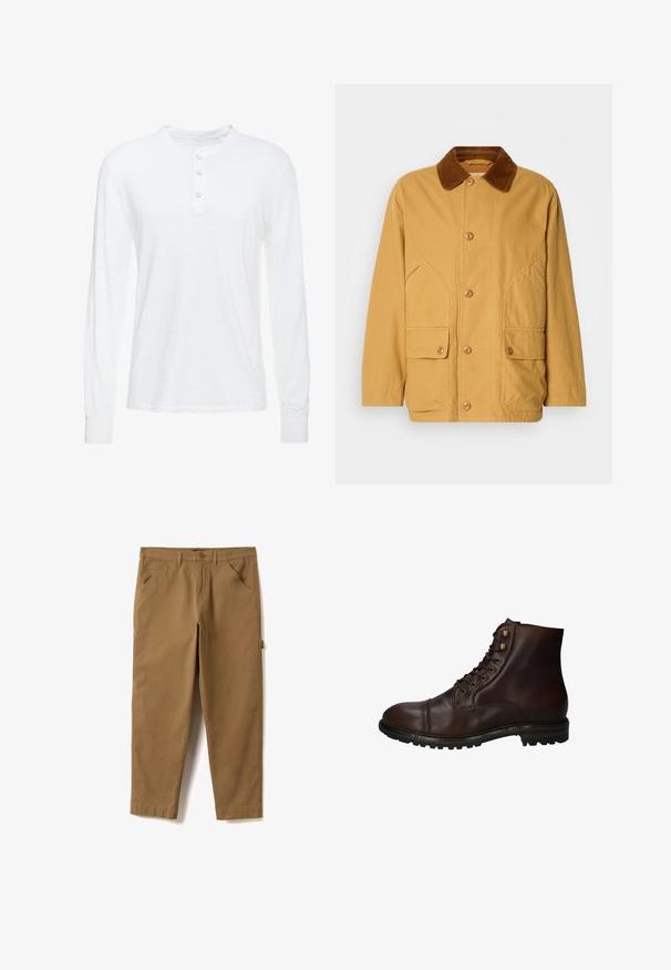 Chaqueta de algodón amarilla con un cuello de pana marrón, grandes bolsillos laterales y cierre de botones en la parte delantera.; Camisa henley de manga larga blanca en tejido ligero, con cuello redondo, tapeta de tres botones y puños ajustados.; Pantalones marrones de pierna recta con trabillas para cinturón, bolsillos delanteros, cierre de botón y un detalle de lazo lateral en la pierna derecha.; Bota de tobillo de cuero marrón oscuro con cordones, suela de goma resistente y ojales de metal, vista desde el lado exterior.