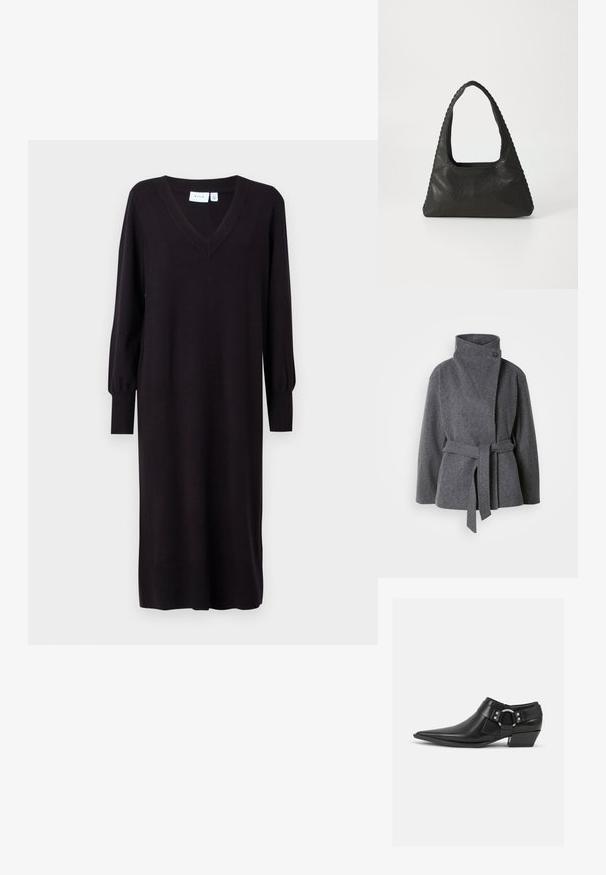 Grau Wollmantel mit hohem Kragen, Seitentaschen und vorderem Band. Verfügt über einen einzelnen Knopfverschluss und eine weiche, strukturierte Oberfläche.; Schwarzes Strickkleid mit langen Ärmeln, V-Ausschnitt und gerippten Bündchen. Gerader Schnitt ohne sichtbare Muster oder Akzente. Weiche Textur.; Schwarze Leder-Ankle-Boots mit spitzem Zeh, ausgestattet mit einem vorderen Leder-Riemen und einem silbernen Schnallendetail sowie einem niedrigen Blockabsatz.; Schwarze Lederhandtasche mit dreieckiger Form, einem großen Ausschnittgriff und detaillierter Naht entlang der Kanten. Glatte Textur.