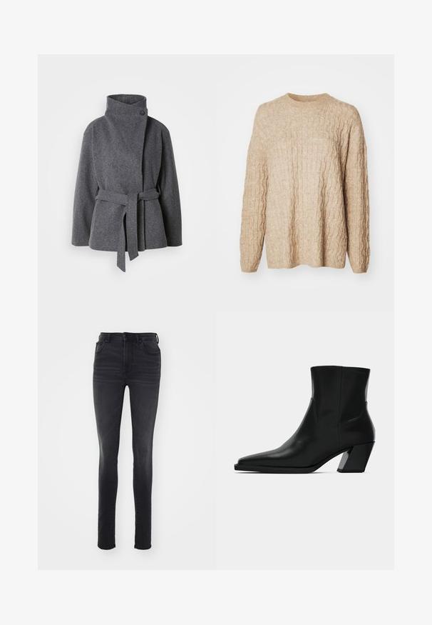 Grå uldfrakke med høj krave, sidelommer og en frontsløjfe. Har en enkelt knaplukning og en blød, tekstureret overflade.; Beige strikket sweater med et tekstureret kabeldesign, rund halsudskæring og lange ærmer. Stoffet ser blødt og chunky ud.; Slankt fit sorte jeans lavet af denim, med høj talje, fem-lomme design, subtil falmning og lige silhuet.; Sortlæder ankelstøvle med spids tå, en slank silhuet og en kraftig firkantet hæl. Glat tekstur med minimale stikninger.