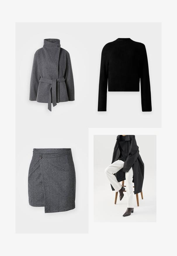 Grau Wollmantel mit hohem Kragen, Seitentaschen und vorderem Band. Verfügt über einen einzelnen Knopfverschluss und eine weiche, strukturierte Oberfläche.; Schwarzer, kurzer Pullover mit langen Ärmeln, runden Ausschnitt, Rippstruktur und glatter Oberfläche. Keine sichtbaren Muster oder Hardware-Details.; Grau gemusterter Wickelrock aus strukturiertem Wollstoff, mit einem einzelnen Knopfverschluss an der Taille und einem asymmetrischen Saum.; Schwarzer, oversized Trenchcoat über einem schwarzen Top, kombiniert mit weißen Hosen und braunen, spitzen Ankle Boots, auf einem Holzschemel sitzend.