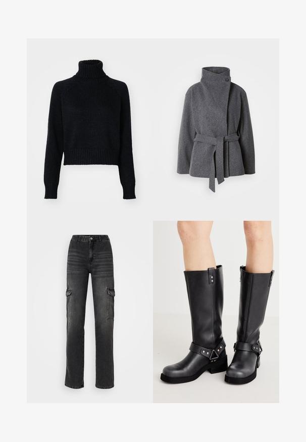 Manteau en laine gris avec un col montant, des poches latérales et un nœud à l'avant. Il possède une fermeture à bouton unique et une finition douce et texturée.; Pull en laine à col roulé sombre avec un design court, doté de poignets et d'un ourlet côtelés, et d'un tissage texturé sur l'ensemble.; Jeans cargo taille haute, coupe droite, en denim noir délavé. Caractéristiques : poches latérales, fermeture à bouton et coutures double couture.; Bottes en cuir noir à hauteur de genou avec une tige large, des détails à lanière, une quincaillerie en argent et une semelle plate. Texture lisse avec un léger éclat.