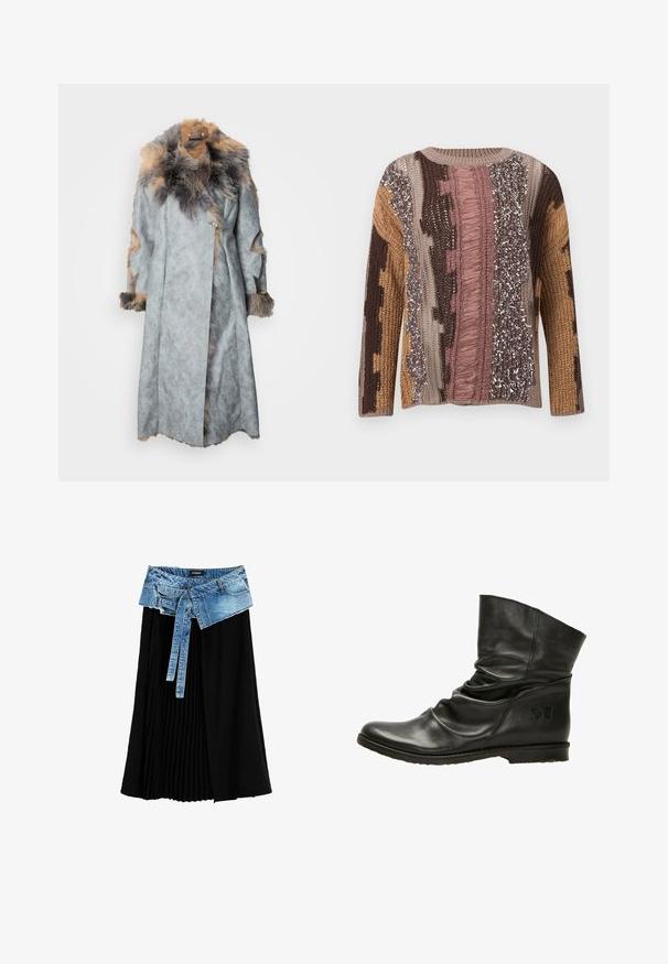 Grijze suède jas met een bontkraag en accenten. Heeft een wikkelontwerp, lange mouwen en uitsnijdingen op de mouwen.; Meerlagige gebreide trui met verticale strepen in roze, bruin, beige en beige tinten, met textuurpatronen waaronder franjes en metalen draden.; Zwarte geplooide midi-rok met vastgemaakte blauwe denim tailleband, vooraan gestrikt, met rafelige randen en voorzakken.; Zwarte leren enkelboot met een slouch ontwerp, ronde neus en platte zool. Kenmerkt zich door een subtiele vlinderlogo aan de zijkant. Gladde textuur.
