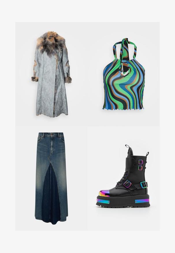 Manteau en suédé gris avec un col en fourrure et des accents. Il présente un design enveloppant, des manches longues et des découpes sur les manches.; Neon & Nylon NEOLUCYWAVE HALTERNECK - T-shirt imprimé - black; Jupe maxi en denim bleu avec pli inversé à l'avant, passants de ceinture, fermeture par bouton et zip, et délavage pâli.; Koi Footwear COSMIC FIRE METAL PLATFORM BOOTS - Bottines à lacets - black/multi-coloured