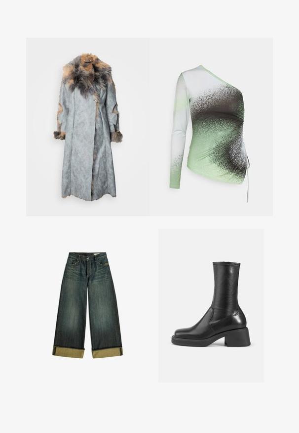 Grijze suède jas met een bontkraag en accenten. Heeft een wikkelontwerp, lange mouwen en uitsnijdingen op de mouwen.; Elleme ONE SHOULDER - Longsleeve - light green/white; Donkere denim jeans met wijde pijpen en omslagzomen van een lichtere contrasterende stof, met voorzakken op een witte achtergrond.; Zwarte leren enkelboot met een gladde afwerking, vierkante neus en een chunky blokhak. Bevat zijnaadstiksel en een subtiele metalen accenten.