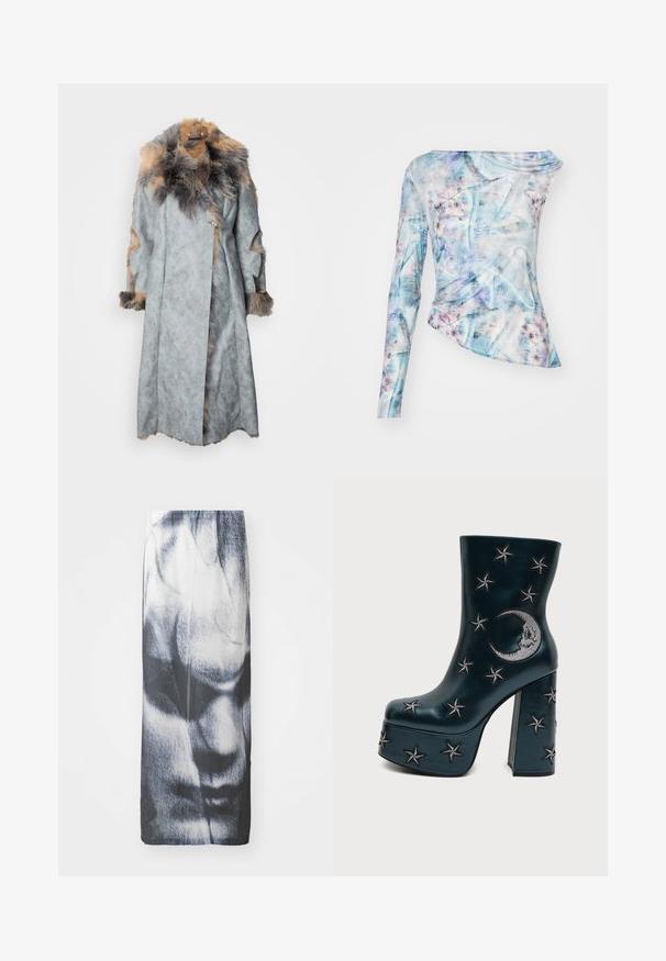 Manteau en suédé gris avec un col en fourrure et des accents. Il présente un design enveloppant, des manches longues et des découpes sur les manches.; Top asymétrique à manches longues dans un motif abstrait bleu et rose, présentant une texture froncée et un col rond. Fabriqué en tissu léger.; Jupe longue noir et blanc avec un imprimé graphique représentant un visage, dotée d'une texture lisse et d'une silhouette ajustée.; Botte noire à plateforme avec talon bloc, décorée d'étoiles brodées argentées et d'un croissant de lune sur le côté.