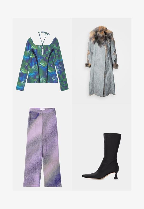 Manteau en suédé gris avec un col en fourrure et des accents. Il présente un design enveloppant, des manches longues et des découpes sur les manches.; Haut à manches longues avec un décolleté plongeant, présentant des motifs abstraits bleus et verts, une fermeture à nouer dans le dos et des accents noirs contrastants.; Pantalons à jambe large en tissu léger, avec un motif dégradé de violet et de lavande avec une texture subtile. Taille fermée par un bouton.; Botte en cuir noire mi-mollet avec bout pointu et talon bas courbé sur un fond clair uni.