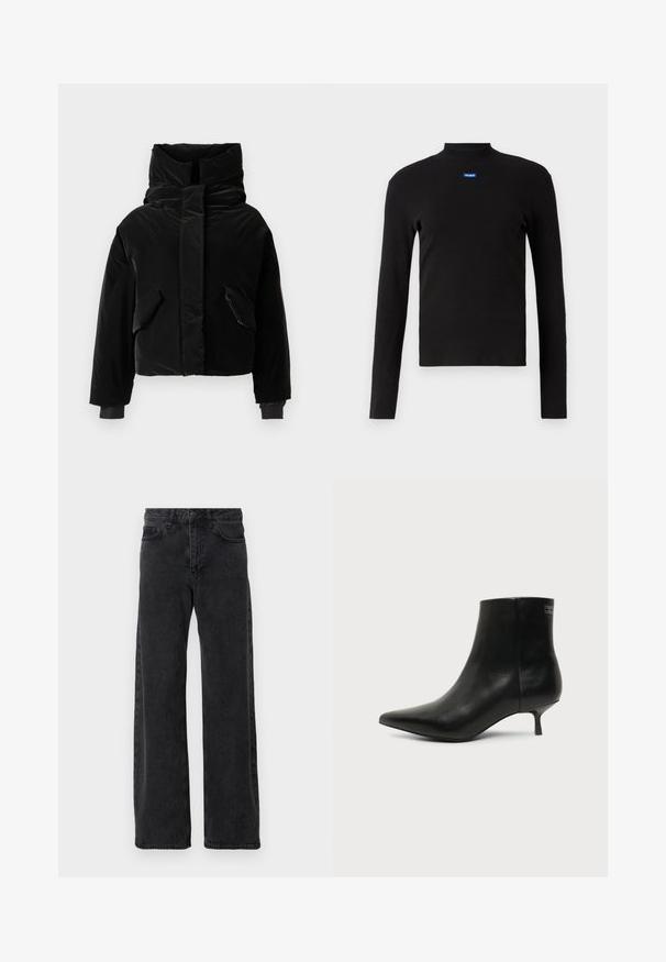 Schwarze, kurz geschnittene Puffjacke mit hohem Kragen, zwei Fronttaschen und elastischen Bündchen. Glatte Textur mit glänzendem Finish.; HUGO EASY - Langarmshirt - schwarz; Schwarze Denim-Jeans mit weitem Bein, klassischen fünf Taschenstil, Knopfverschluss und subtiler Waschung.; Schwarzer Leder-Knöchel-Stiefel mit spitzer Spitze und niedrigem Kittenabsatz vor hellem Hintergrund, seitliche Ansicht.