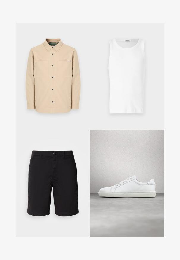 Beige overhemd met knopen, voorzien van twee borstzakken, zwarte knopen en een geruite binnenkraag. Eenvoudig ontwerp met een rechte zoom.; Witte katoenen mouwloze tanktop met een ronde halslijn en een gladde textuur. Eenvoudig ontwerp, geen patronen of accenten.; Zwarte shorts gemaakt van lichtgewicht stof, met een knoopsluiting, standaard taille en rechte snit. Geen patronen of zichtbare accenten.; Witte sneaker met een gladlederen bovenwerk en een laag profiel. Voorzien van een ronde neus, zes vetergaatjes en een gestructureerde rubberen zool.