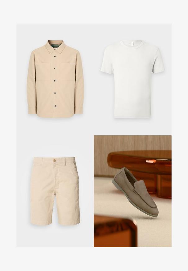 Chemise beige boutonnée avec deux poches avant, boutons noirs et col intérieur à carreaux. Design simple avec un ourlet droit.; T-shirt blanc uni à manches courtes et col rond, étalé à plat sur un fond gris clair, avec une petite étiquette en tissu au niveau du col.; Shorts en coton beige avec une fermeture à bouton à l'avant, des poches latérales et une coupe droite. Texture lisse avec des détails de couture soignés.; Mocassin beige en daim à enfiler avec coutures visibles et semelle claire, positionné au-dessus d'un tapis crème, avec un meuble translucide orange en arrière-plan.
