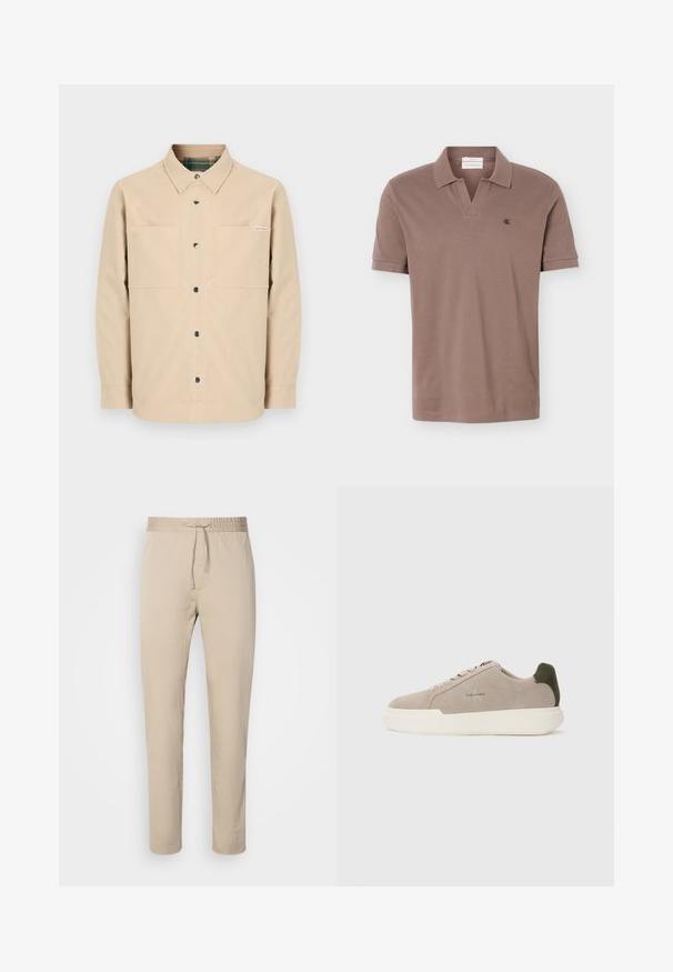 Camisa beige con botones delanteros, dos bolsillos frontales, botones negros y un cuello interior a cuadros. Diseño simple con dobladillo recto.; Polo marrón de manga corta con cuello abierto y pequeño logo negro "ck" en el pecho izquierdo sobre un fondo liso.; Pantalones beige con cintura elástica y cordón. Presentan un diseño de pierna recta, hechos de una tela suave.; Zapatillas de piel de ante beige con suela de goma blanca, que presentan un acento en el talón de color verde oscuro y un sutil logo en el lateral.