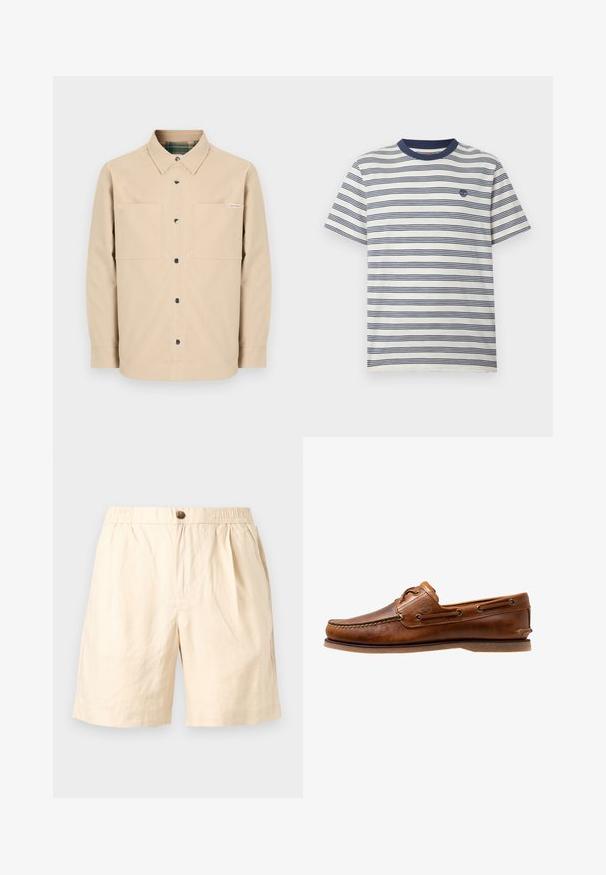 Beige skjorte med knapper foran, to forlommer, sorte knapper og et ternet indvendigt krave. Enkel design med lige kant.; Hvid T-shirt med marineblå horisontale striber, rund hals og lille navy-logo på venstre bryst.; Beige afslappede shorts med elastik i taljen, enkelt knaplukning, sidelommer og løs pasform, der er velegnet til varmt vejr.; Brune læder bådsko med syede detaljer, der har metaløjer, en forhøjet søm på tåen og en flad gummisål.