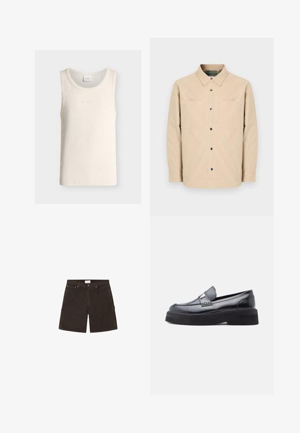 Chemise beige boutonnée avec deux poches avant, boutons noirs et col intérieur à carreaux. Design simple avec un ourlet droit.; Débardeur crème côtelé sans manches avec col rond et broderie discrète "LES DEUX" sur la poitrine.; Short en denim noir avec bouton et fermeture éclair à l’avant, poches avant, passants de ceinture, et une boucle latérale sur fond blanc uni.; Mocassin en cuir verni noir avec un bout rond, un détail de boucle décorative, et une semelle plateforme noire épaisse, présentant une texture lisse et brillante.