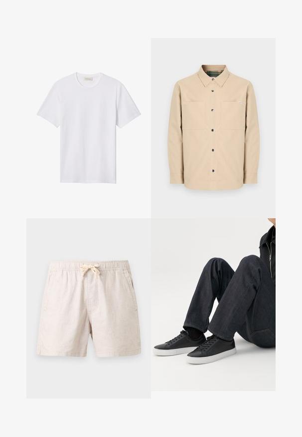 Beige skjorte med knapper foran, to forlommer, sorte knapper og et ternet indvendigt krave. Enkel design med lige kant.; Hvidt ensfarvet T-shirt med korte ærmer og rund hals, med lille præget logo på venstre bryst og mærke indeni kraven.; Beige afslappede shorts med elastisk talje, bindebånd foran, sidelommer og lige kanter, lagt fladt på en grå baggrund.; Person siddende med bøjede ben, iført mørkeblå jeans og sorte lave sneakers med hvide såler på en hvid baggrund.