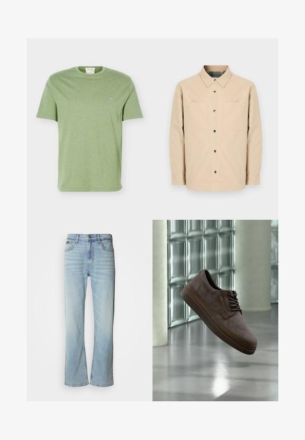 Chemise beige boutonnée avec deux poches avant, boutons noirs et col intérieur à carreaux. Design simple avec un ourlet droit.; T-shirt en coton vert clair à manches courtes, col rond et petit logo brodé sur la poitrine gauche.; Jeans en denim bleu clair avec une coupe droite, dotés de cinq poches, d'une fermeture à bouton et d'une légère décoloration sur le tissu.; Chaussure à lacets en daim marron foncé avec semelle épaisse et logo "GANT", suspendue au-dessus d'un sol réfléchissant près d'un mur en blocs de verre.