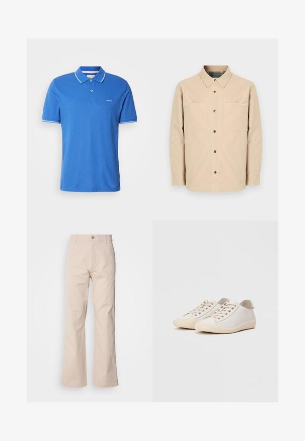 Beige Hemd zum Zumachen mit zwei Fronttaschen, schwarzen Knöpfen und kariertem Innenkragen. Einfaches Design mit geradem Saum.; Blaues Poloshirt aus Baumwolle mit klassischem Kragen. Verfügt über weiße Akzente an den Ärmeln, ein Logo auf der Brust und eine Knopfleiste.; Beige Baumwollhosen mit geradem Beinschnitt, ausgestattet mit einem Knopfverschluss, vorderen Taschen und minimaler Stichdetails.; Weiße Sneaker aus glattem Leder mit tonalem Nähten, Schnürverschluss, runder Zehenpartie und einer strukturierten Gummisohle.