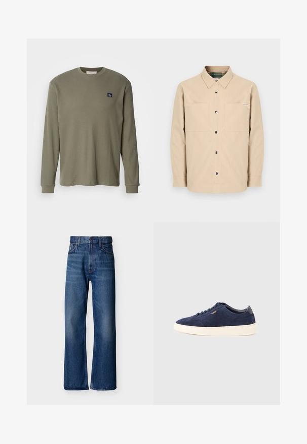 Beige nappikiinnitteinen paita, jossa on kaksi etutaskua, mustat napit ja ruudullinen sisäkaulus. Yksinkertainen malli suoralla helmalla.; Pitkähihaisen oliivinvihreän ribbineulepaidan, jossa on pyöreä pääntie ja tummansinisellä logopatchilla vasemmassa rinnassa. Kangas näyttää olevan pehmeä ja teksturoitu.; Siniset farkut, joissa on korkea vyötärö, leveälahkeinen malli, viiden taskun tyyli ja hienovarainen haalistuma. Calvin Kleinin logo vyötärönauhassa.; Laivastonsininen mokkanahkainen tennari, jossa on valkoinen kumipohja, pyöreä kärki, sävyyn sopivat nauhat ja sivulla kohokuvioitu logo. Matala malli pehmeällä pinnalla.
