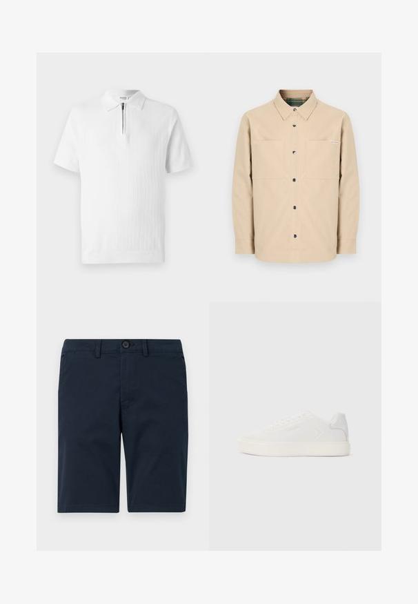 Beige overhemd met knopen, voorzien van twee borstzakken, zwarte knopen en een geruite binnenkraag. Eenvoudig ontwerp met een rechte zoom.; Witte polo met korte mouwen, gemaakt van een textuurgebreide stof, met een ritskraag en een geribde zoom. Schoon ontwerp, geschikt voor casual draag.; Marineblauwe shorts van een katoenmix, met een knoopsluiting, riemlussen en een rechte zoom met minimale details.; Witte sneaker met een gladde synthetische bovenkant, ronde neus en platte witte zool. Voorzien van tonale stiksels en minimalistische branding aan de zijkant.