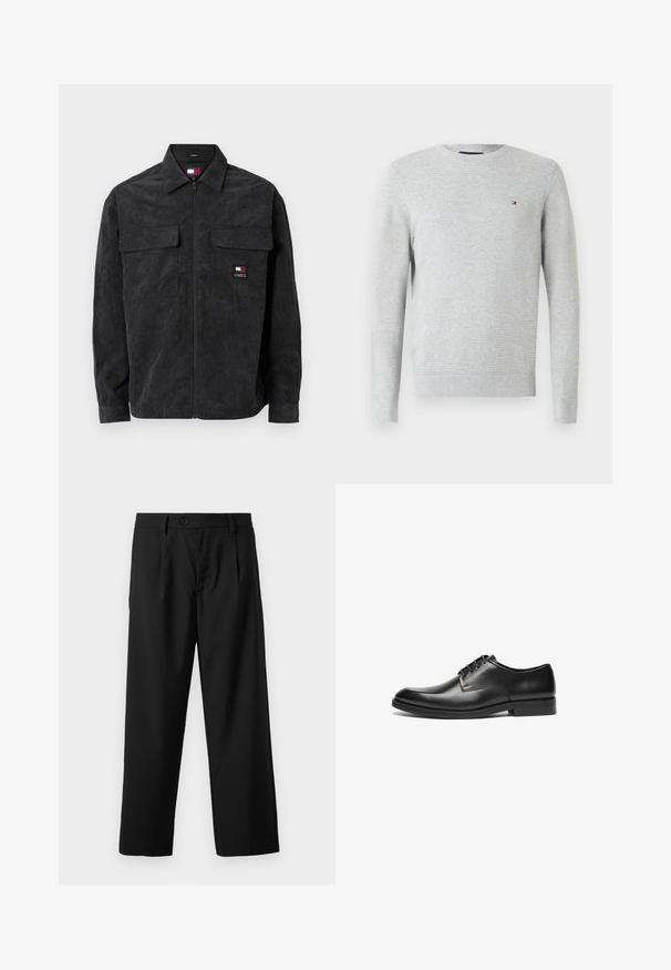 Sort fløjlsjakke med lynlås foran, to brystlommer og et lille logo på venstre side. Har en krave og ribbede manchetter.; Lys grå langærmet crewneck sweater med subtilt struktureret mønster og lille rød, hvid og blå logo på venstre bryst.; Sorte bukser med lige pasform, der har en enkelt knaplukning, to for-lommer og en glat, let stofstruktur.; Sorte læder herresko med spids tå, glat overflade, snørebåndsdesign og en lav, flad hæl. Minimalistisk stil og slank silhuet.