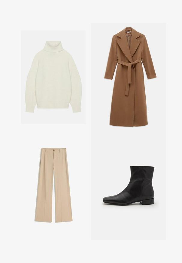 Lang kamelbrun uldfrakke med brede slag, lange ærmer og et bælte i matchende stof, der er knyttet i taljen.; Rullekrave sweater i creme, lavet af blødt strikket materiale. Har en afslappet pasform, raglanærmer samt ribbede ærmer og kant.; Beige bukser med brede ben og et fintstripet mønster, forrest med knapper og bæltestropper. Glat tekstur med skræddersyet finish.; Sort læder ankelstøvle med spids tå, glat tekstur, minimalistisk design og en lav blokhæl. Sidelukning går op til anklen.