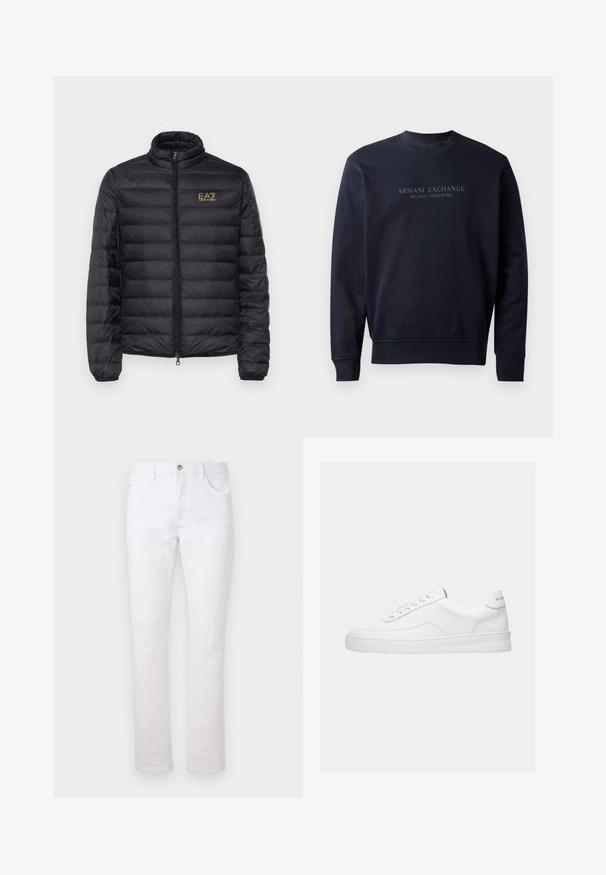 Zwarte pufferjack met hoge kraag, horizontale doorstikking, ritsluiting en een gouden logo op de linkerkant van de borst. Glad, lichtgewicht stof.; Navy blauwe sweatshirt van zacht materiaal, met een ronde hals en ribgebreide mouwen, voorzien van de gegraveerde tekst "ARMANI EXCHANGE MILANO / NEW YORK".; Witte denimjeans met een rechte pijp, voorzien van twee voorzakken, een achterzak en een metalen knoopsluiting in de taille.; Witte lage sneaker met vetersluiting, glad leren bovenwerk en dikke zool, gezien vanuit de zijkant tegen een effen achtergrond.