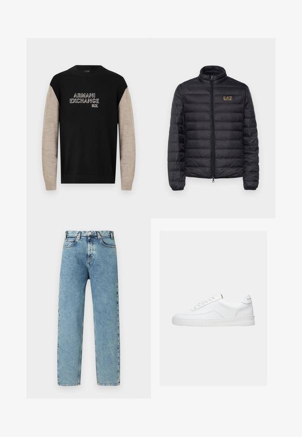 Doudoune noire avec un col montant, un matelassage horizontal, une fermeture à zip et un logo doré sur le côté gauche de la poitrine. Tissu lisse et léger.; Pull noir et beige à manches longues, avec un col rond et le logo "ARMANI EXCHANGE N.Y." en surpiqûres blanches contrastantes.; Jeans en denim bleu clair avec une coupe droite, cinq poches et fermeture par bouton en laiton. Le tissu présente une texture légèrement usée et un aspect délavé.; Baskets basses blanches avec un design à lacets, dessus en cuir lisse et semelle épaisse, montrées de profil sur un fond uni.