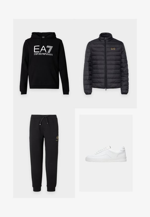 Doudoune noire avec un col montant, un matelassage horizontal, une fermeture à zip et un logo doré sur le côté gauche de la poitrine. Tissu lisse et léger.; Sweat à capuche noir avec une poche kangourou à l'avant. Présente un texte blanc audacieux "EA7 EMPORIO ARMANI" sur la poitrine. Matière en mélange de coton.; Pantalon de jogging noir avec taille élastique et cordon, chevilles retournées et petit logo doré "A|X Armani Exchange" sur la cuisse droite.; Baskets basses blanches avec un design à lacets, dessus en cuir lisse et semelle épaisse, montrées de profil sur un fond uni.
