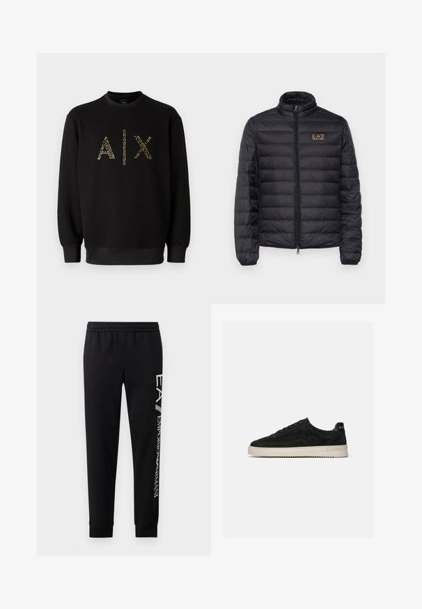 Zwarte pufferjack met hoge kraag, horizontale doorstikking, ritsluiting en een gouden logo op de linkerkant van de borst. Glad, lichtgewicht stof.; Zwarte sweatshirt met ronde hals, met gouden glitterletters "AIX" op de voorkant. Elastische boorden en zoom. Zacht katoenmateriaal.; Zwarte sweatpants van een katoenmix, met een elastische tailleband, taps toelopende benen, ribgebreide boorden en een wit logo-opdruk langs de zijkant.; Zwarte suède lage sneaker met zwarte veters en witte rubberen zool, zijaanzicht op een effen lichtgrijze achtergrond.