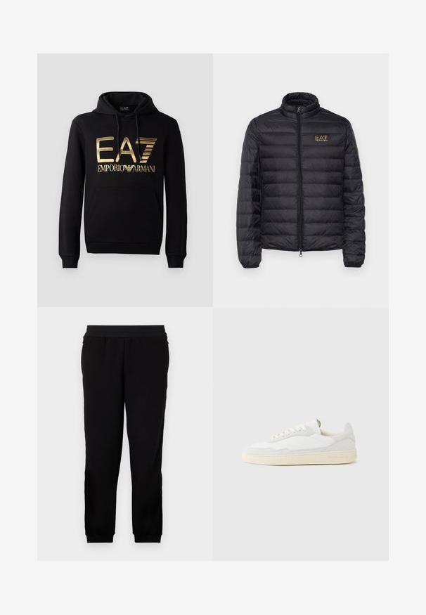 Zwarte pufferjack met hoge kraag, horizontale doorstikking, ritsluiting en een gouden logo op de linkerkant van de borst. Glad, lichtgewicht stof.; Zwarte hoodie met een gouden EA7-logo en de tekst "EMPORIO ARMANI" op de voorkant. Inclusief een voorste kangoeroezak en trekkoord voor de capuchon.; Zwarte sportbroek gemaakt van zachte stof, met een elastische tailleband, getailleerde manchetten en zijzakken voor extra gemak.; Witte sneaker met een bovenwerk van gestructureerd suède en leer. Voorzien van een afgeronde neus, vetersluiting en een contrasterende beige rubberen zool.
