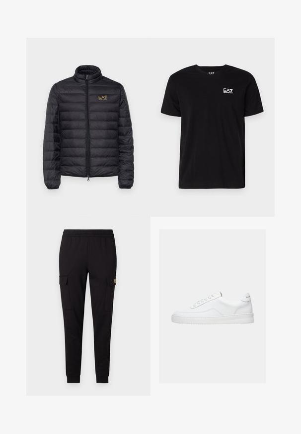 Doudoune noire avec un col montant, un matelassage horizontal, une fermeture à zip et un logo doré sur le côté gauche de la poitrine. Tissu lisse et léger.; T-shirt en coton noir avec un col en V et des manches courtes. Présente un logo EA7 blanc sur la poitrine gauche. Texture lisse, coupe standard.; Pantalons de jogging noirs en tissu doux, présentant une coupe fuselée et deux poches cargo latérales avec un logo discret sur une poche.; Baskets basses blanches avec un design à lacets, dessus en cuir lisse et semelle épaisse, montrées de profil sur un fond uni.