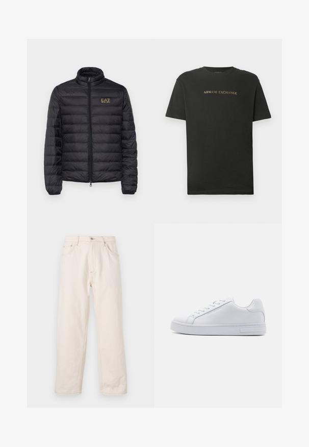 Doudoune noire avec un col montant, un matelassage horizontal, une fermeture à zip et un logo doré sur le côté gauche de la poitrine. Tissu lisse et léger.; T-shirt noir à manches courtes et col rond avec "ARMANI EXCHANGE" imprimé en lettres dorées sur la poitrine.; Jean droit beige en denim, avec une fermeture à boutons, cinq poches et des détails de couture visibles. Texture lisse.; Baskets en cuir blanc avec une texture lisse, bout rond, lacets à l'avant et semelle en caoutchouc plate. Présente un logo en relief au niveau du talon.